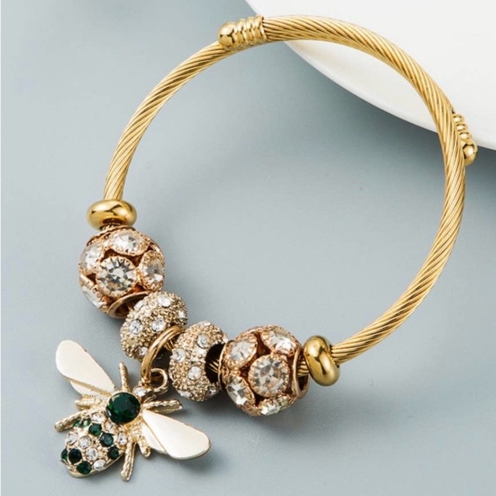 Gold Twisted Cable Honey Bee Charm Bangle Bracelet